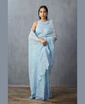 Trending Embroidery Organza Peach Saree with Blouse Piece-Sky blue