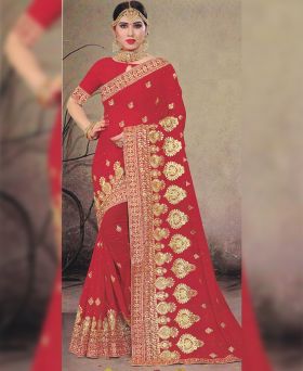 Karwachauth special Red Georgette embroidered Saree + 10 Gifts