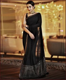 Fancy Georgette Sequence Lace Border Work Black Saree