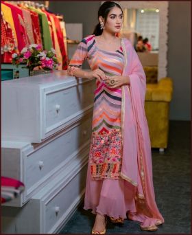 Georgette Designer Punjabi Multi Colored Stripe Style Festive Sharara Set