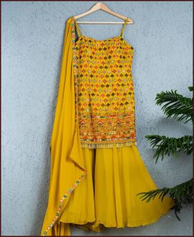 Designer Pine Yellow Georgette Wedding Punjabi Style Sharara Suit