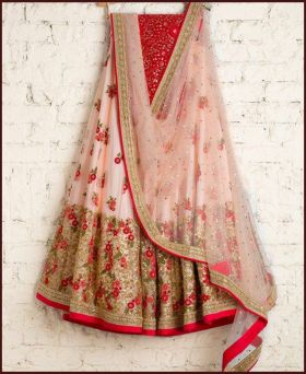 Wedding Wear Rose Pink Colored Butter Fly Net Embroidered Lehenga
