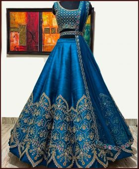 Attractive Turquoise Colored Fentam Silk Embroidered Sequence Work Lehenga Choli 
