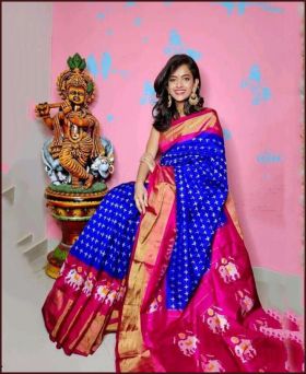 Casual Blue Printed Saree on Chanderi Cotton 