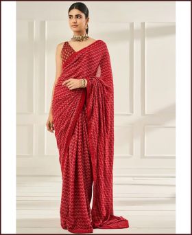 Attractive Silk with Digital Print Sequence Work Red Saree
