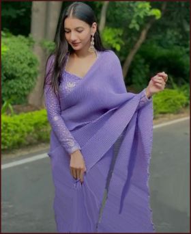 Alluring Faux Georgette Crush Pleated Violet Saree
