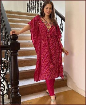 Trending Printed with Cording Embroidery Pink Kaftan