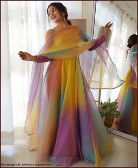 Light Rainbow Organza Fabric Digital Print Anarkali Gown With Dupatta