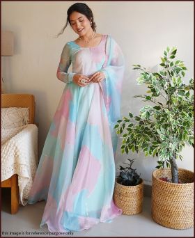 Blue And Pink Organza Fabric Digital Print Anarkali Gown With Dupatta