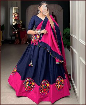 Navratri Special Navy Blue Color Gamthi Patch Work With Colorful Cowrie(kodi) Work Cotton Chaniya Choli