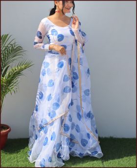 Fancy Organza Silk White With Blue Color Gown With Dupatta
