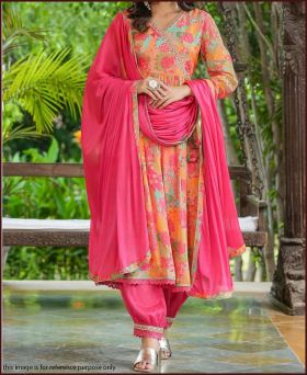 Pink Mustard Floral Embroidery With Classic Alia Cut Suit Set-L