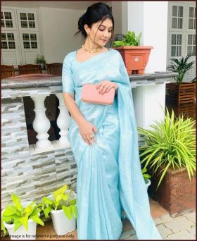 Amazing Soft Banarasi Silk Weaving Sky Blue Saree with Blouse Piece